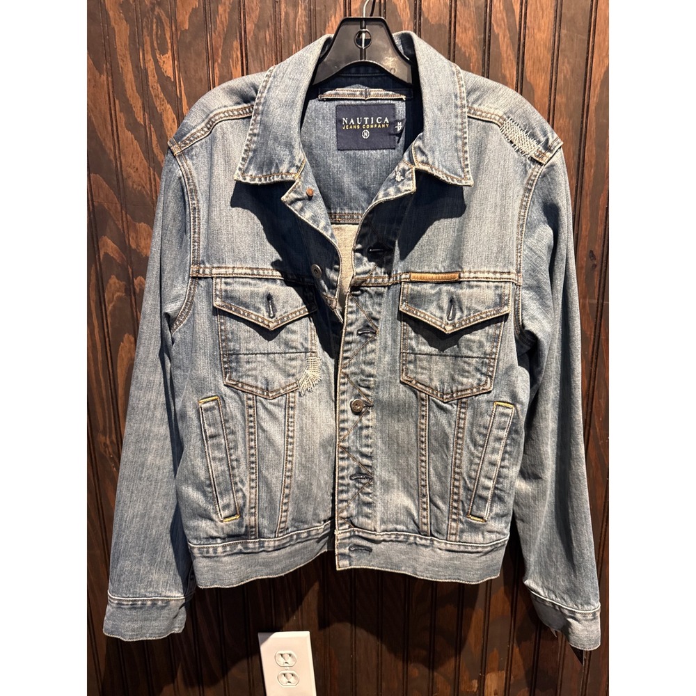 Nautica Jeans Company Mens Medium Wash Distressed Denim Trucker Jacket Blue M